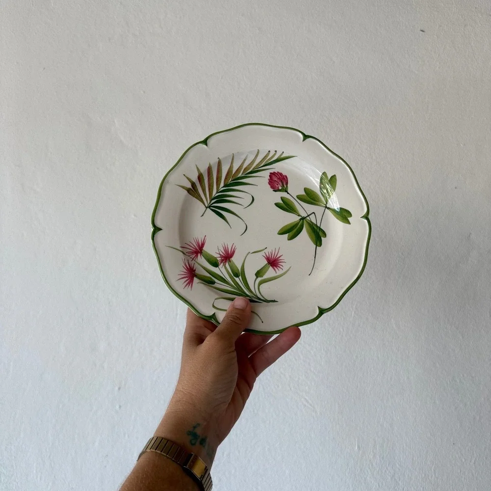 Vintage San Marco Nove Italy Botanical Floral Plate Scalloped Green Rim